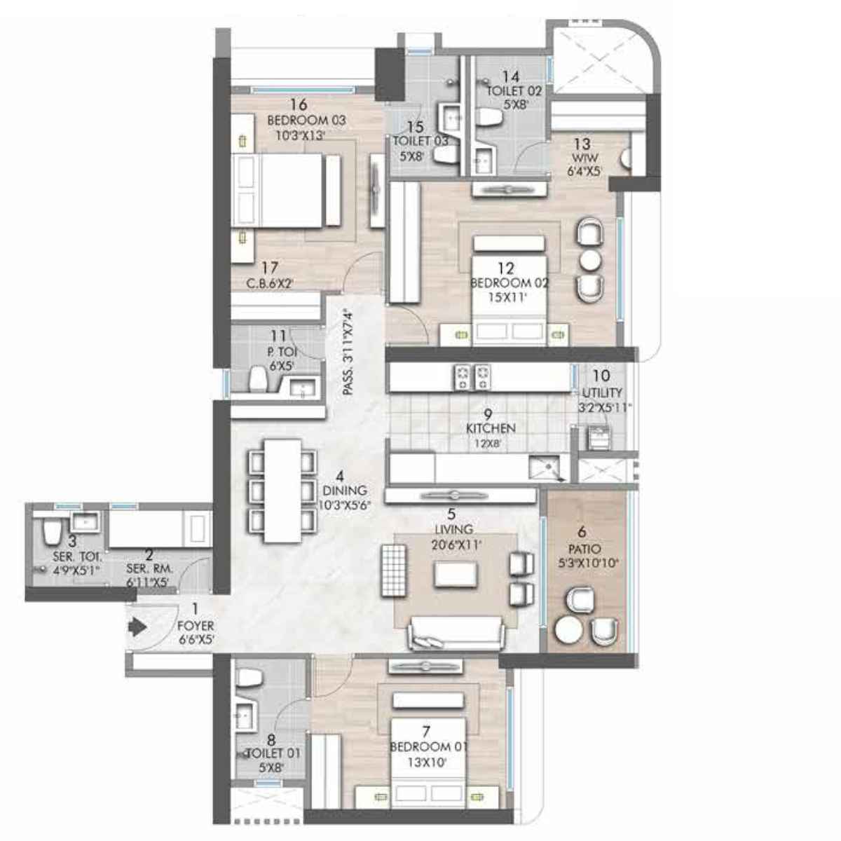 Rustomjee-verdant-vistas-Floor-Plan-3BHK-1264-sqft